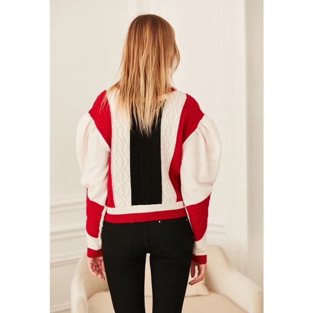 CLAUDIE PIERLOT Mixity Pullover Sweater Size Medium Red Black Cream Puff Sleeves - Picture 3 of 16